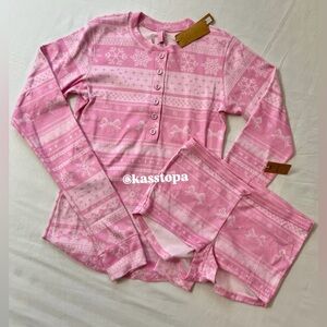 SKIMS Logo Plush Pointelle Button Up Henley Long Sleeve + Shorts Short Pink Set